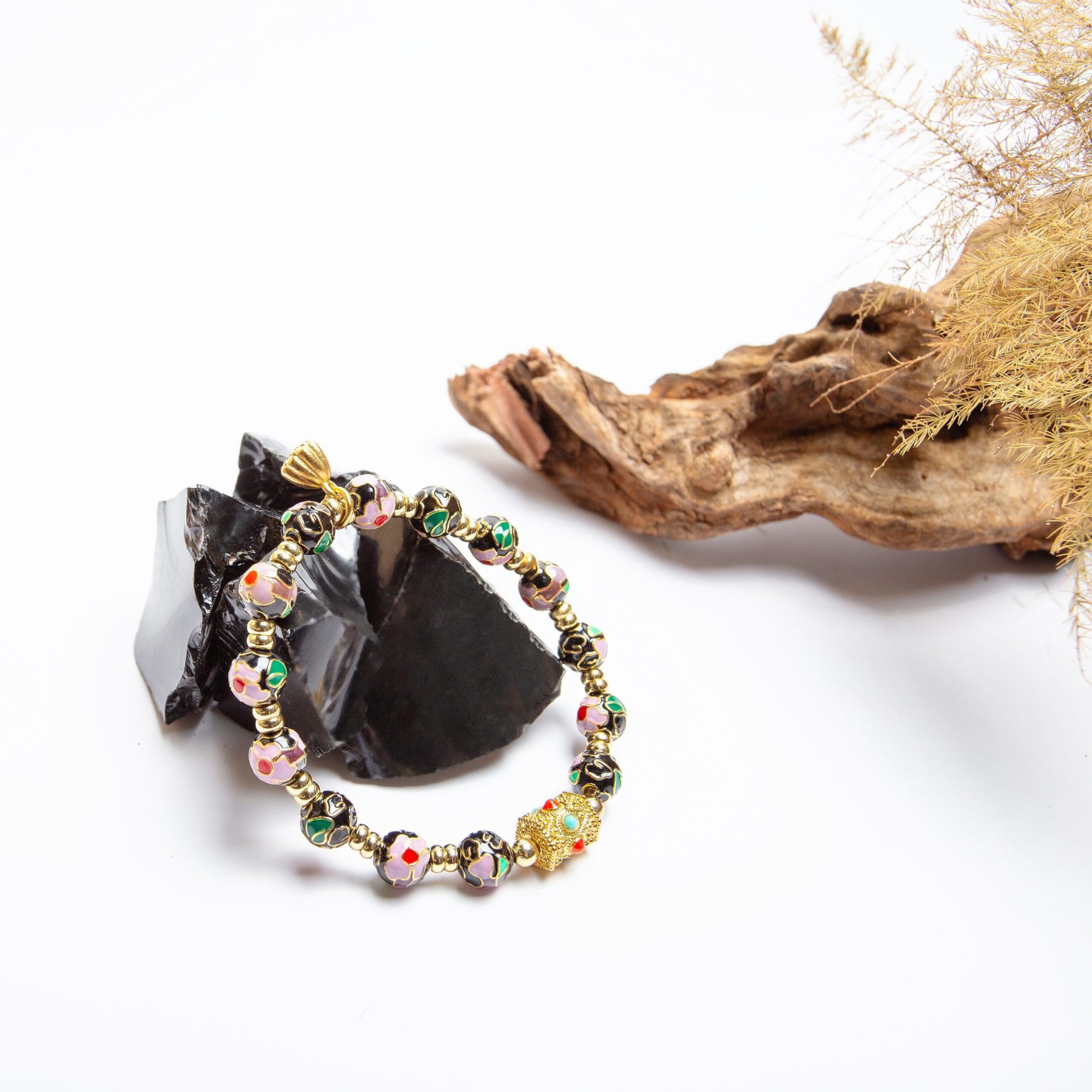 BLACK LOTUS - 7mm - 4 Elegant black enamel bracelet – A luxury Cloisonné bangle, blending Asian artistry with celestial symbolism for personal empowerment.