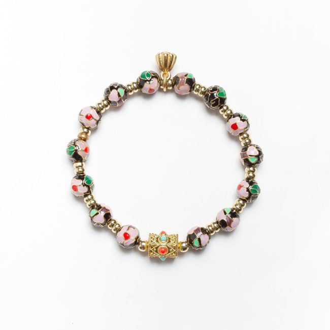 Handcrafted black Cloisonné bangle – A heritage enamel bracelet, featuring a prayer wheel and lotus design, attracting wealth and prosperity.