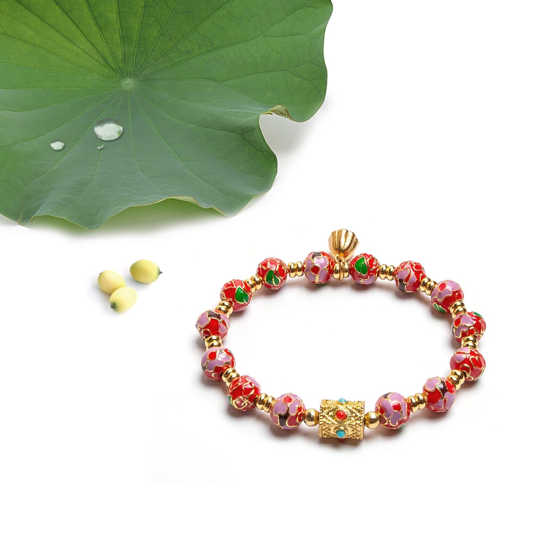 RED LOTUS - 7mm - 5 Cultural heritage Cloisonné bracelet – This handcrafted red enamel bracelet, adorned with Buddhist motifs, offers a timeless blessing of energy and devotion.