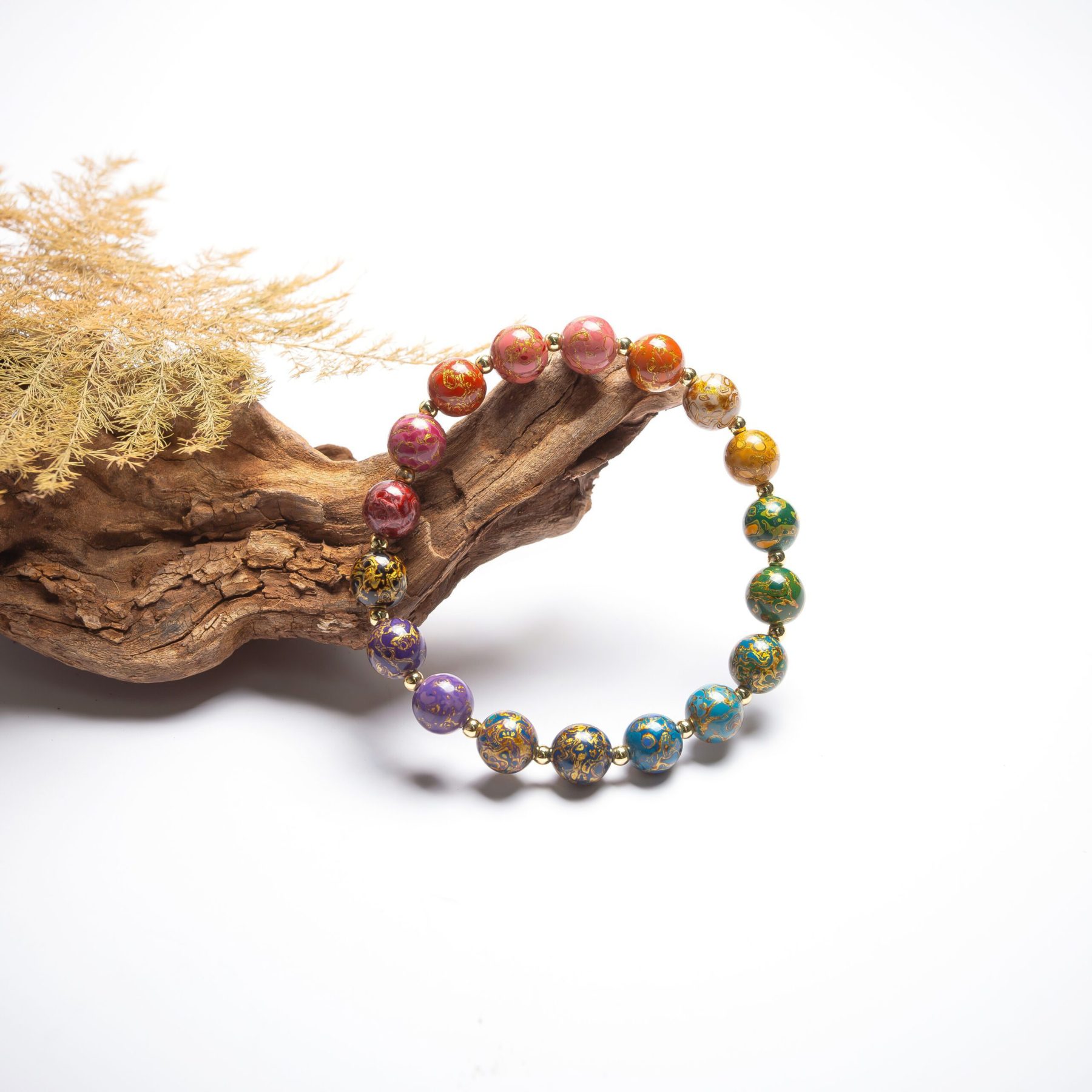 Rainbow - 8mm - 5 Heritage lacquer bracelet – An Asian-inspired beaded bracelet, handcrafted using traditional lacquer artistry, featuring a vibrant spectrum of rainbow colors.